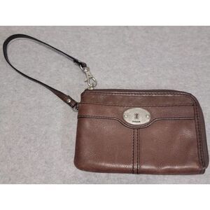 Vintage Fossil Zip Top Wristlet Brown Leather 7 x 4 Purse Wallet